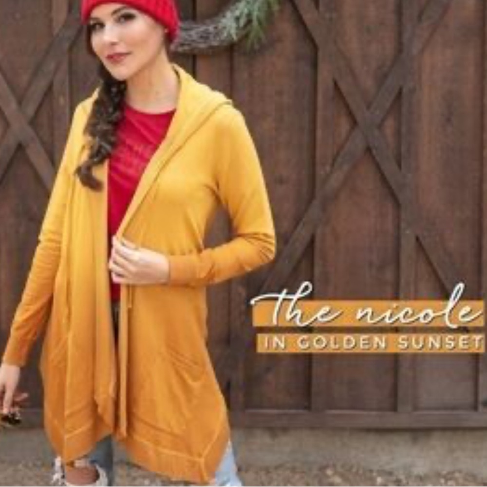 Evy’s Tree The Nicole Hooded Open Cardigan W/Diagonal Pockets Golden Sunset, L